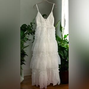 Anthropologie Cream Tiered Tulle Maxi Dress
